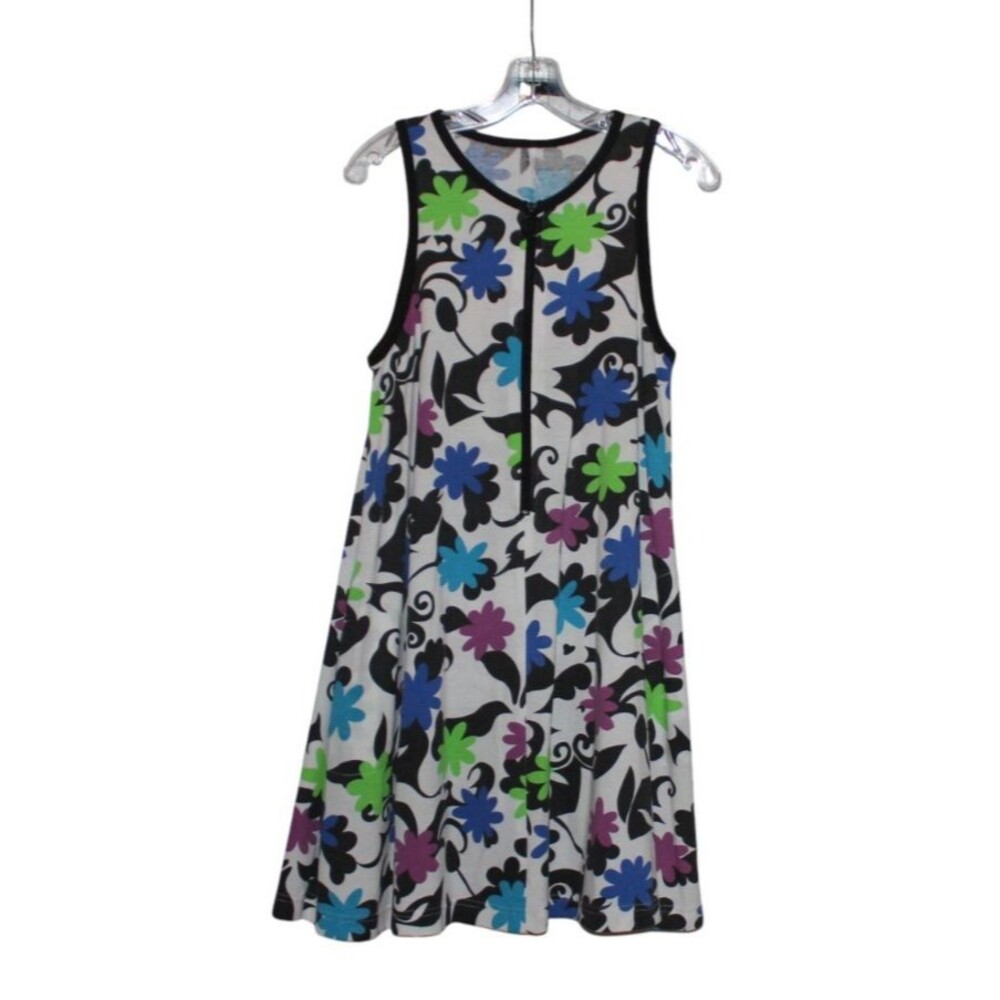 Unbranded Dress White Floral BlackTrim Front Zip Knee Length No tags See Measure